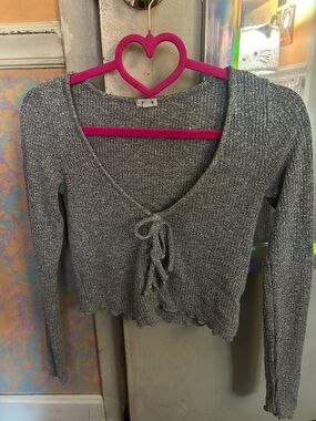 Garage Gray Ribbed Tie-Front Long Sleeve Top